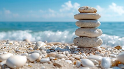 stack of rocks on sandy beach warn sunlight blue sky blue water waves beach background zen natural beauty vacation relaxation coastal landscape sandy shore shoreline sand horizon setti : Generative AI