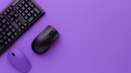 Black wireless computer keyboard and mouse on a purple background