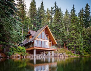 Obraz premium Nestled among trees by a serene lake, a peaceful house offers solitude and tranquility in nature.