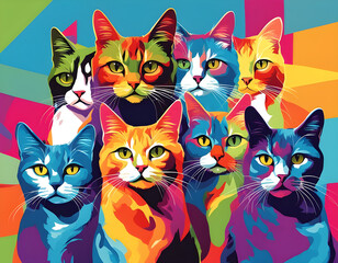 colorful cat head with cool isolated pop art style background