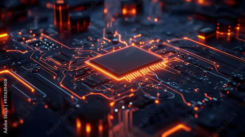 Poster glowing circuit board with cpu.