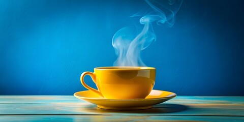A Yellow Cup of Coffee on Blue, coffee, drink, steam, morning ,