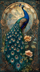 Art nouveau artistic image of peacock in a round shape,Luxurious peacock with an open tail,magnificent realistic peacock