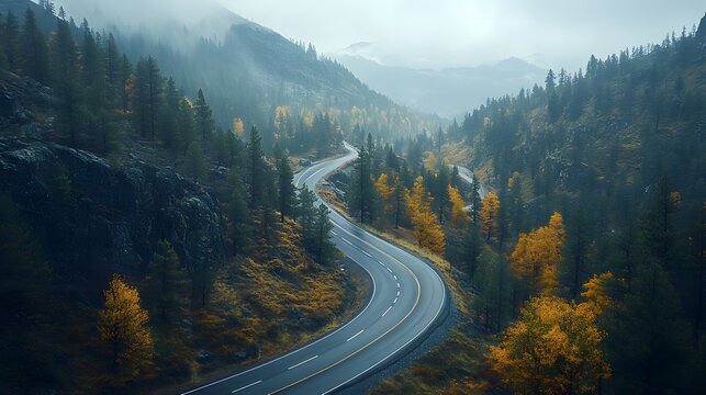Aerial view of winding mountain road, lush pine forest, autumn colors, misty valleys, golden hour lighting, curving asphalt path, bird's eye perspective, dramatic landscape.