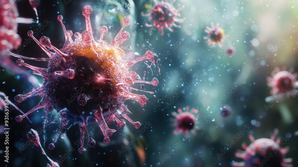 Poster this close-up view shows a virus being neutralized by immune responses within a microscopic environm