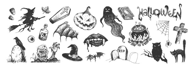 Halloween hand drawn set. Vector illustration.