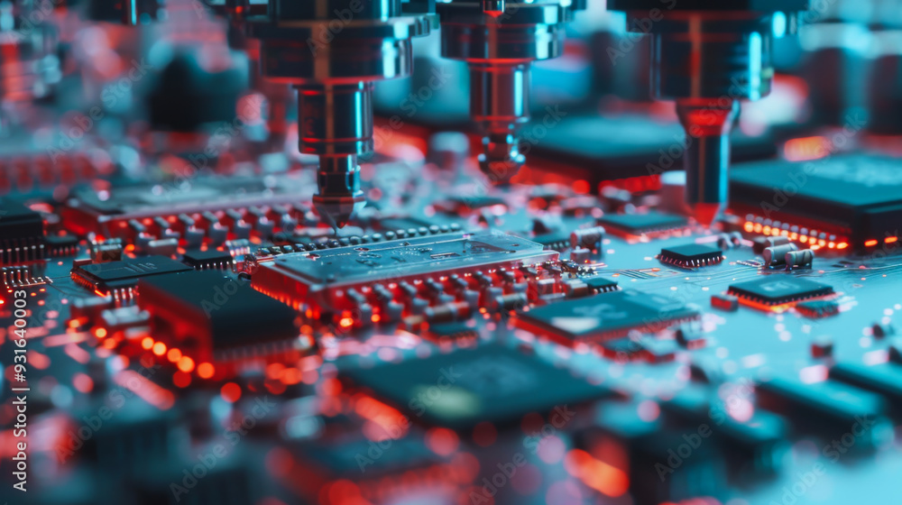 Poster close-up of technological robotic manipulators for assembling printed circuit boards at a modern ele