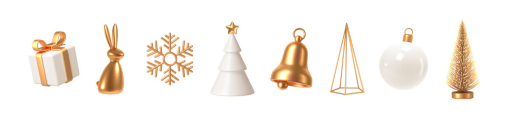 Set of white and gold realistic Christmas decorations. 3d render vector illustration. Design elements for greeting card or invitation.