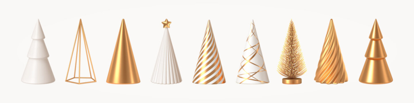 Set of different style Christmas tree cone. Christmas decorations. White and golden 3d render realistic abstract Christmas trees.  Vector illustration.