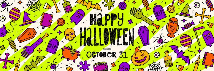 Halloween vector banner with hand drawn greeting on a background with outline halloween sign and symbols. Design for flyer or invitation.