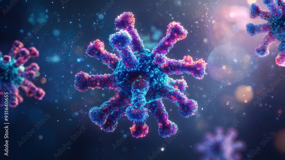 Poster a close-up view of a virus as it interacts with neutralizing antibodies under laboratory conditions