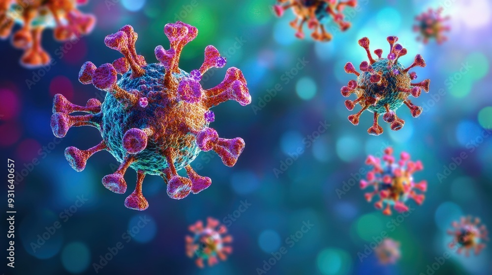 Poster antibodies interact with a virus, showcasing the immune response in a colorful microscopic setting