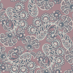 Paisley seamless pattern. Fantastic flower, leaves. Batik style painting. Vintage background
