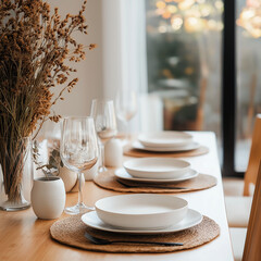 Fototapeta premium Minimalist Thanksgiving table with modern decor, white plates 