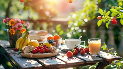 Breakfast table with bread fresh fruits and strawberries and coffee served on balkony terrace or...