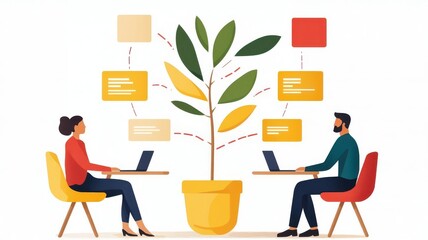 Fototapeta premium Strategic meeting flowchart with agenda highlights, flat design illustration