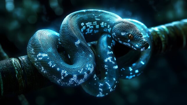 A python coiled around a futuristic metal rod, its body adorned with intricate patterns of digital code, illuminated by the soft glow of neon blue light, the contrast between the organic texture of