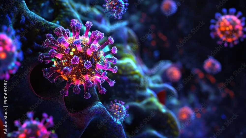 Poster the image depicts a virus under attack by antibodies, showcasing a dynamic interaction within a vivi
