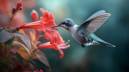 Obraz premium Close-up of a hummingbird feeding on a red trumpet flower, wings frozen in motion, iridescent feathers, bokeh background, macro wildlife photography, vivid colors.