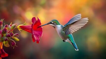 Naklejka premium Close-up of a hummingbird feeding on a red trumpet flower, wings frozen in motion, iridescent feathers, bokeh background, macro wildlife photography, vivid colors.