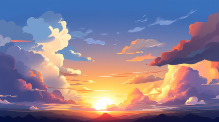 The glow of the sky at sunset. Anime style background with shining sun and white fluffy clouds. Sunny day sky scene cartoon vector illustration.