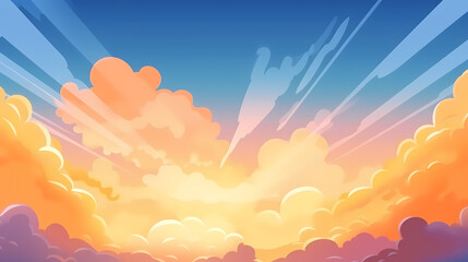 The glow of the sky at sunset. Anime style background with shining sun and white fluffy clouds. Sunny day sky scene cartoon vector illustration.
