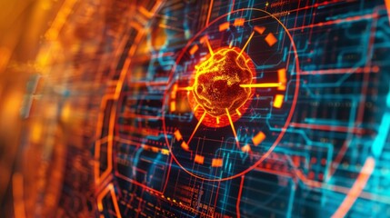 Digital globe with red/blue hues, grid, icons suggest futuristic navigation. Virus in target, circuit-like features add sci-fi, tech vibe.