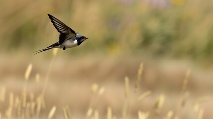 Swallow flying low over a field its wings skimming the tops of the grasses