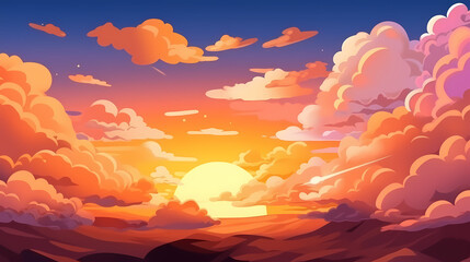 Fototapeta premium The glow of the sky at sunset. Anime style background with shining sun and white fluffy clouds. Sunny day sky scene cartoon vector illustration.