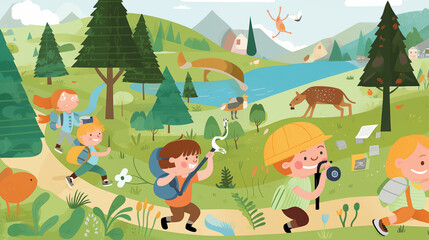 Children On A Nature Walk Near A River With Wildlife And Forest Views Cartoon Style