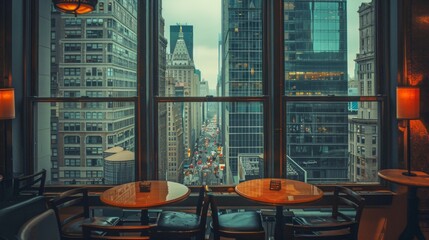 An evening cityscape view from a calm dining area with wooden tables and chairs, facing large windows. No people present, contrasting with the lively outside scene.