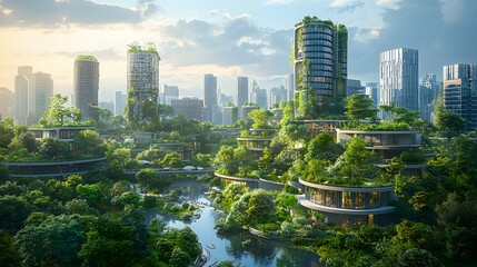 Fototapeta premium Futuristic Eco Friendly Skyscrapers Surrounded by Lush Urban Greenery and Scenic Cityscape
