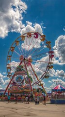 A vibrant fairground scene with a colorful Ferris wheel, people enjoying, and a carousel nearby, radiating joy and freedom under a sunny sky.