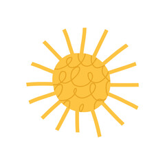 Cute hand drawn sun, cartoon flat vector illustration isolated on white background. Concepts of summer vacation and hot weather.