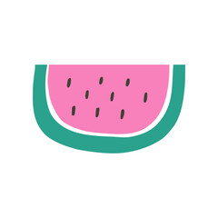 Cute hand drawn watermelon slice, cartoon flat vector illustration isolated on white background. Sweet summer fruit.