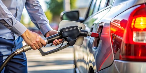 Obraz premium Man Filling Up Gas Tank, Close Up of Hand Holding Fuel Nozzle, Silver Car, Red Taillight, Gas Station, Fuel, Car