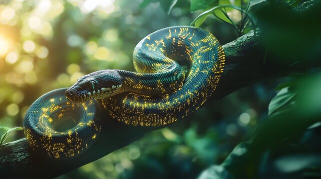 A python wrapped around a tree branch, its body overlaid with holographic lines of Python code, soft, natural light filtering through leaves, the merging of organic textures with digital elements
