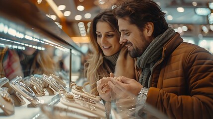 lovely couple choose and buy luxurious jewelry in shopping center inside of mall center : Generative AI