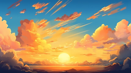Fototapeta premium The glow of the sky at sunset. Anime style background with shining sun and white fluffy clouds. Sunny day sky scene cartoon vector illustration.