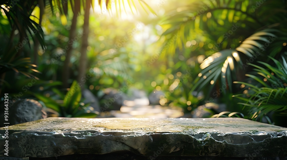 Aufkleber stone table top in jungle forest with blur palm tree natural tropical scene for organic product plac