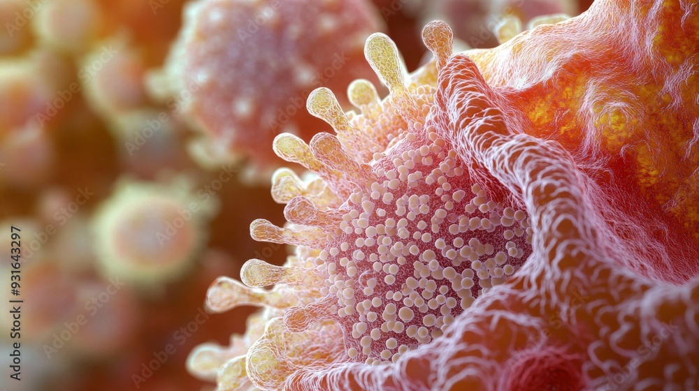 Poster a virus particle is seen adhering to the surface of a host cell, showcasing intricate biological int