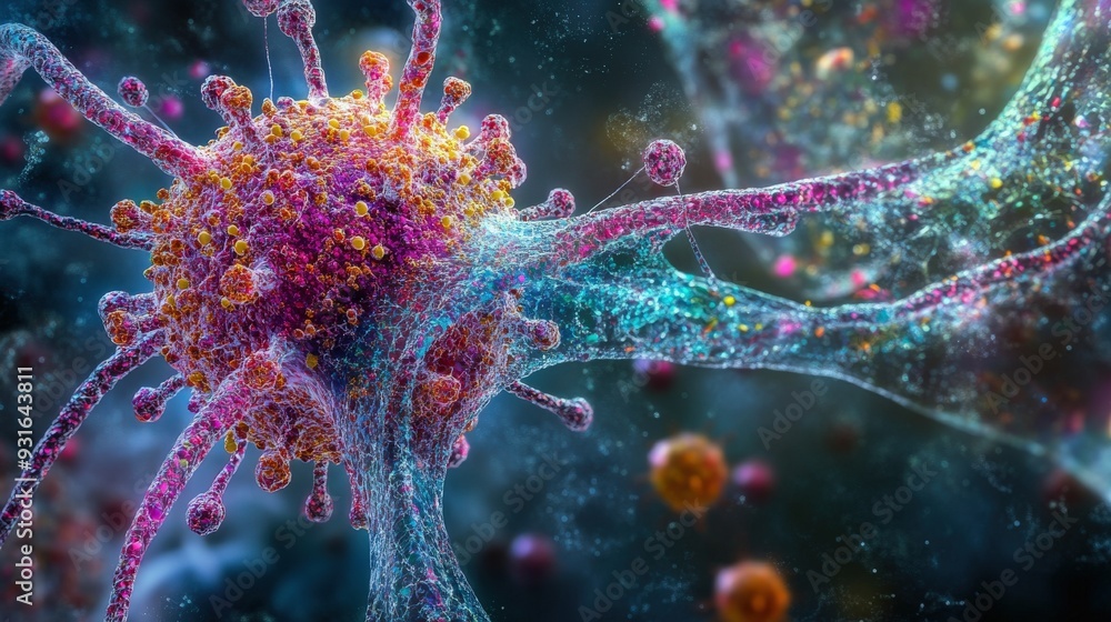 Poster a virus particle is observed attaching to a host cell, showcasing intricate cellular interactions cr