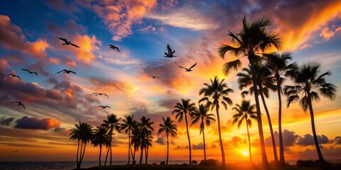 Silhouettes of Palm Trees at Sunset with Birds in Flight, Digital Art, Vibrant Colors, Tropical Paradise, palm trees, sunset, birds