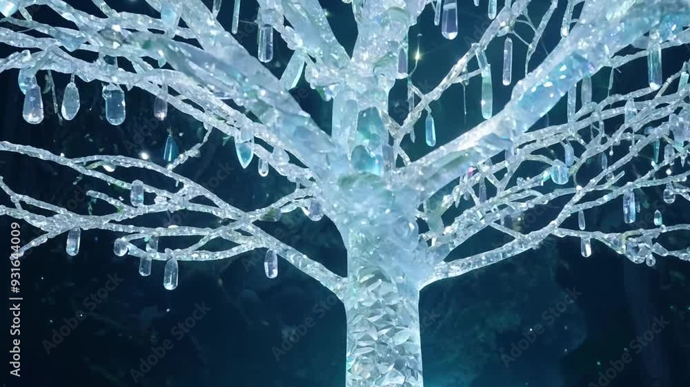 Poster illuminated crystal tree with shimmering droplets in a dark backdrop generative ai