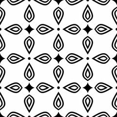Black and white seamless pattern with leaf, dot and star shapes facing each other. Suitable for digital graphics, interior design, textiles, print, wrapping, etc.