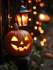 Obraz premium Glowing Jack o Lantern Pumpkin in Autumn Night Atmosphere