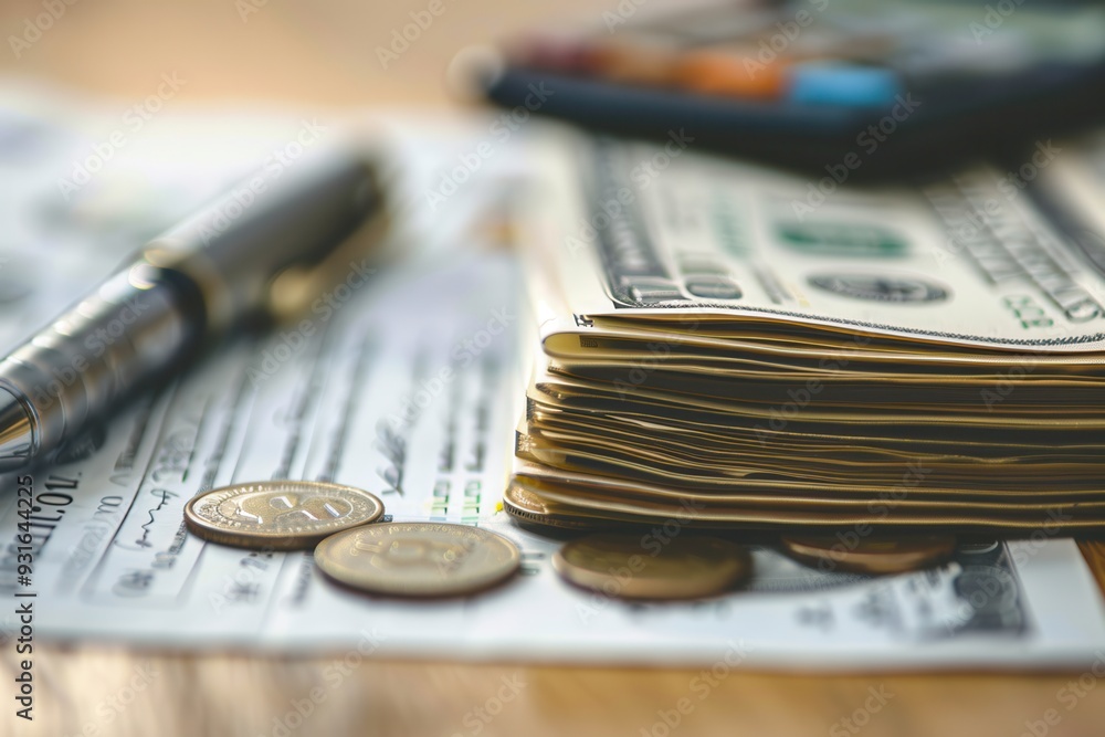 Fototapete A stack of cash and coins beside an open notebook filled with financial notes and calculations in a warm, inviting workspace. Generative AI