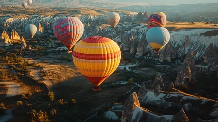 Obraz premium Colorful hot air balloons ascending over Cappadocia landscape, unique rock formations, early morning light, travel photography, vibrant colors against earthy tones.