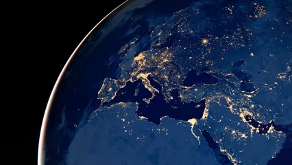  Earth photo at night, City Lights of Europe, Middle East, Turkey, Italy, Black Sea, Mediterrenian Sea from space, World map globe. Satellite HD photo. Elements of this image furnished by NASA. © gizemg