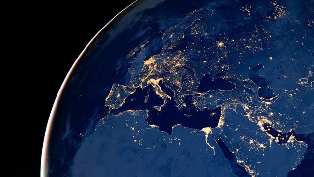 Earth photo at night, City Lights of Europe, Middle East, Turkey, Italy, Black Sea, Mediterrenian Sea from space, World map globe. Satellite HD photo. Elements of this image furnished by NASA.